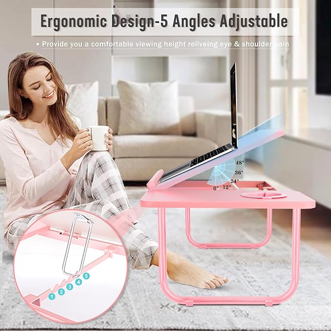 Laptop Desk for Bed Couch, Portable Lap Desk for Laptops, Bed Table for Laptops, Foldable Laptop Stand for Beds, Bed Desk for Writing (Candy Pink)