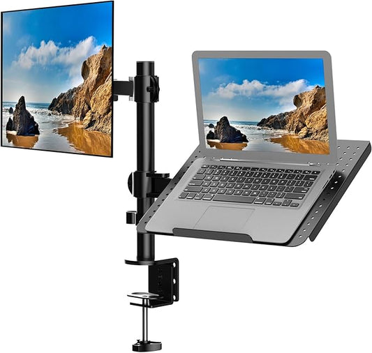 Laptop and Monitor Stand, Dual Arm Desk Mount with Vented Laptop Tray for 27" Screen and 17" Notebook, up to 22 lbs, Fully Adjustable Laptops Stand for Desk, Black