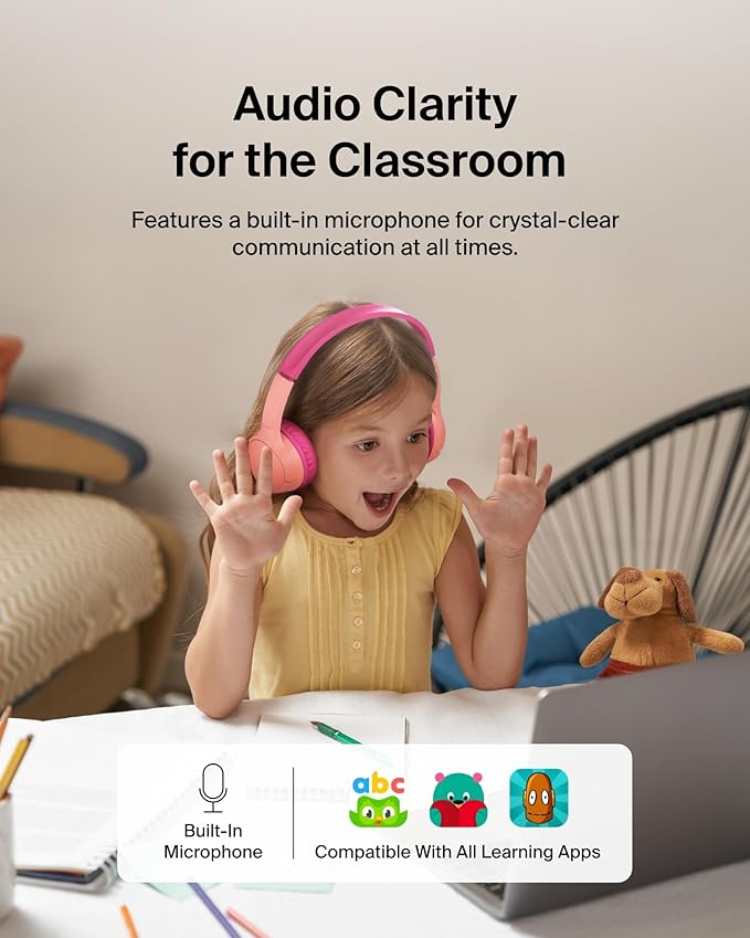 Belkin SoundForm Mini - Wireless Bluetooth Kids Headphones with 30H Battery Life, 85dB Safe Volume Limit, Built-in Microphone - Kids On-Ear Earphones for iPhone, iPad, Fire Tablet & More - Pink