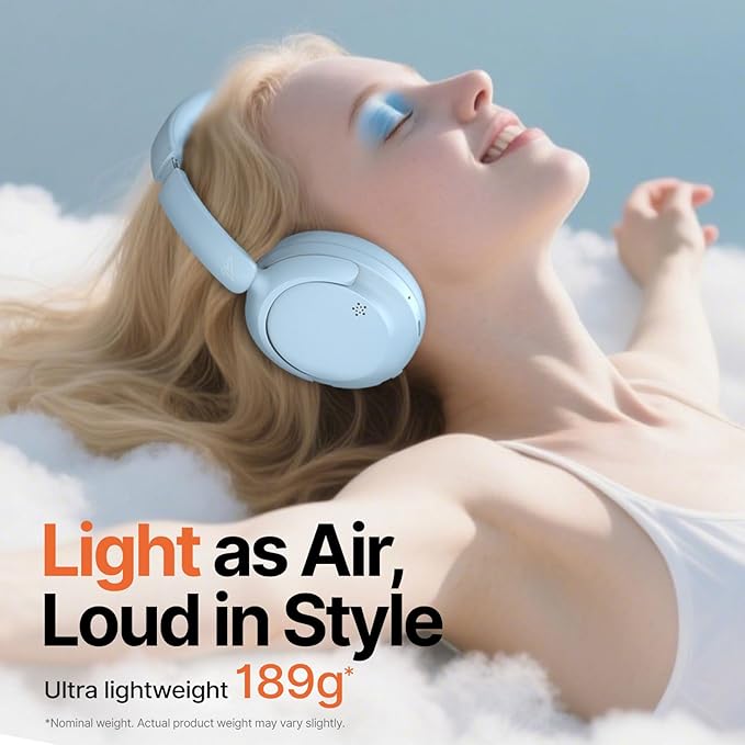 VOKALEN Hyper GO Wireless Over-Ear Noise Cancelling Headphones with Mic, 60H Playtime, Bluetooth Headset, Multi-Device Pairing, Ultra-Lightweight for Travel, Work, Study (Sky Blue)