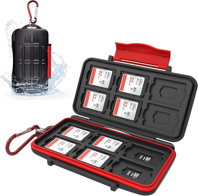 Kiorafoto Professional IPX5 Water-Resistant Anti-Shock Holder Storage SD SDHC SDXC TF MSD Memory Card Case Protector with Carabiner for 12 SD Cards & 12 Micro SD Cards
