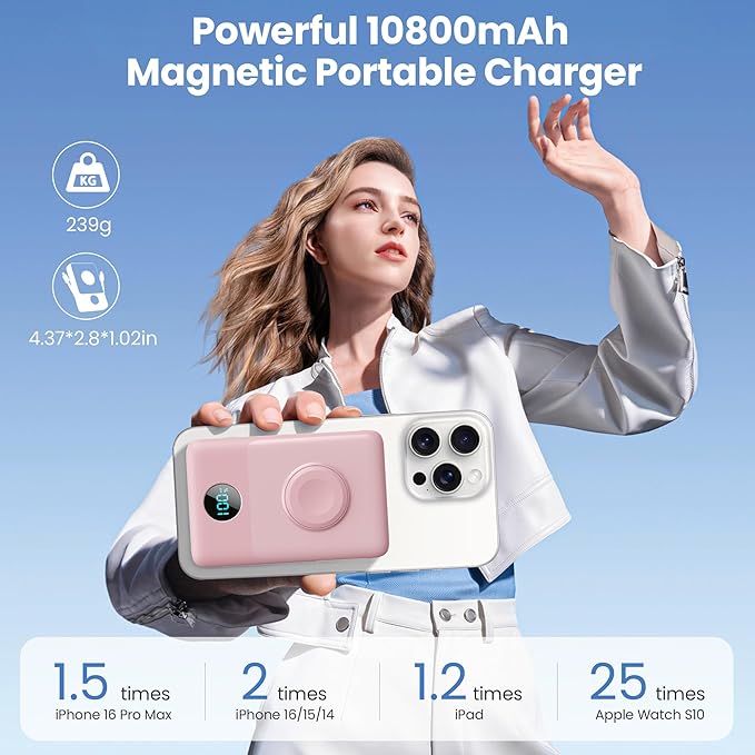 Magnetic Portable Charger 10800mAh with Built-in Cables, 6-in-1 Wireless Power Bank with iWatch Charger, 25W PD Fast Charging USB C Battery Pack for iPhone 16/15/14/13/12,Apple Watch(Pink)