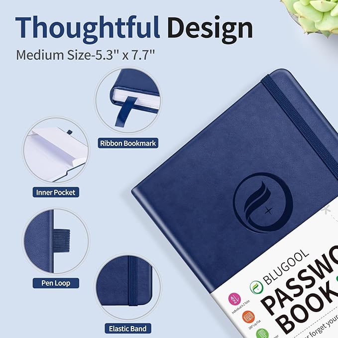 Password Book with Alphabetical Tabs, Password Keeper Book for Seniors, Hardcover Password Notebook for Individual & Colorful Tabs, Password Organizer for Website Logins, 5.3" x 7.7", Navy Blue