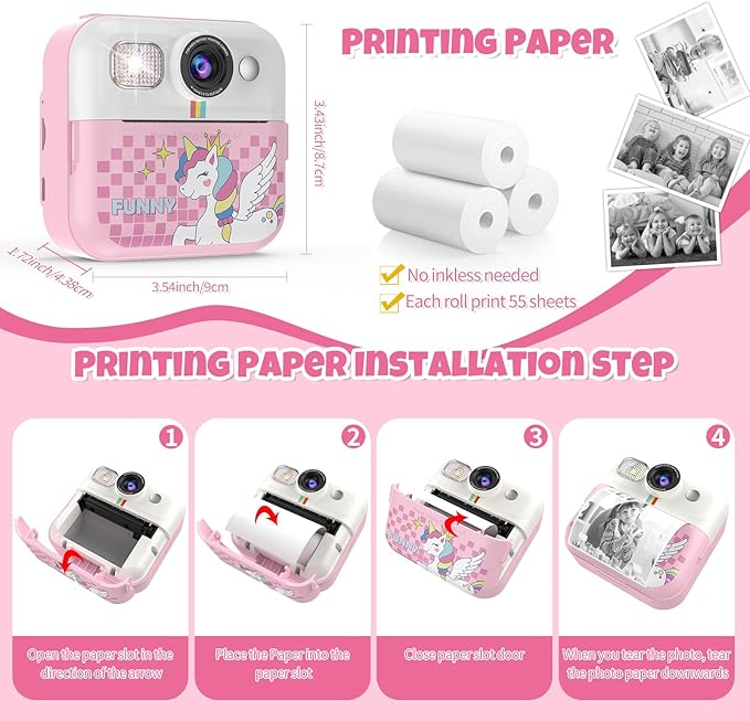 Instant Print Camera for Kids, 1080P Children Printable Cameras Christmas Birthday Gifts for Girls Age 3-10, Toddler Toy for 3 4 5 6 7 8 9 10 Year Old with 3 Roller Photo Paper (Pink)