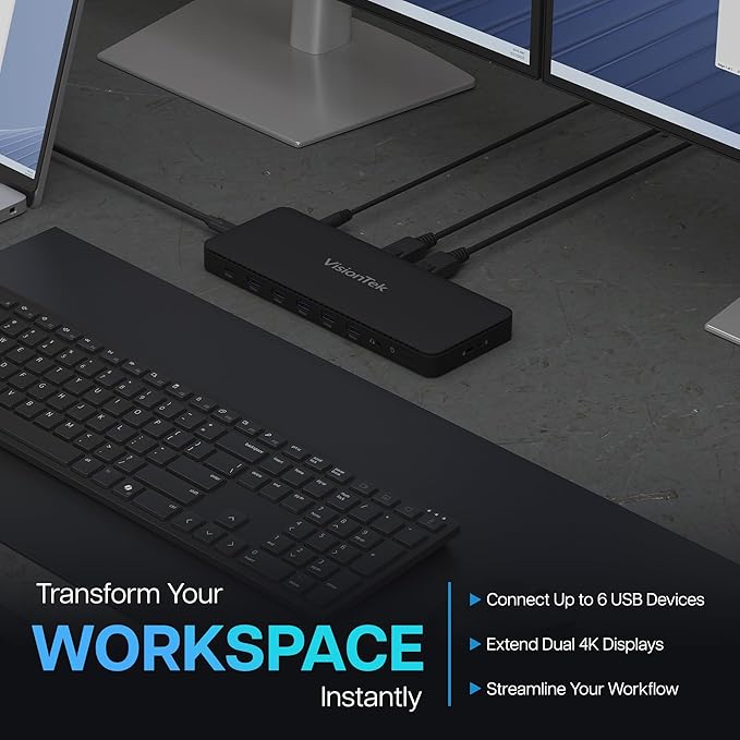 VisionTek VT4600DL Laptop Docking Station for Windows, MacOS or ChromeOS — Connect with USB-C or USB-A, 100W Laptop Charging, Dual 4K Displays, 2X HDMI, 2X DisplayPort, USB-A, USB-C, Audio, Ethernet
