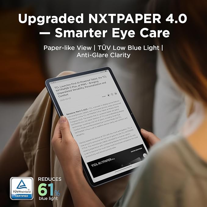 TCL NXTPAPER 11 Plus Android Tablet, 11.5" 120Hz 2.2K Drawing Pad & Digital Notebook, Stylus & Flip Case Included, NXTPAPER 4.0 Display, AI Tools, 8+8GB RAM, 256GB Storage, 8000mAh Battery, Onyx Black