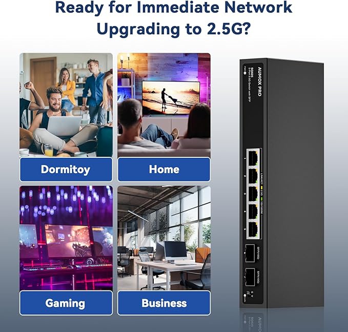 7 Port 2.5Gb Unmanaged Ethernet Switch with 5* 2.5G Base-T Ports, 2*10G SFP Ports, AUMOX PRO 65 Gbps Vlan Switching Capacity Compatible with 100/1000/2500Mbps Plug and Play