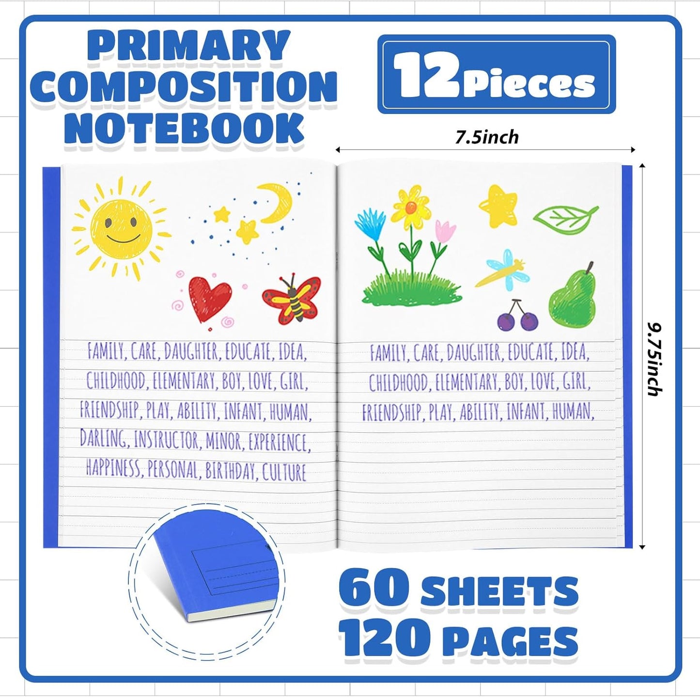 Henoyso 12 Pcs 120 Pages Primary Composition Notebooks K-2 9 3/4 x 7 1/2 Inch Journals Primary Journals Blank Books for Kids to Write Stories Kindergarten (Blue)