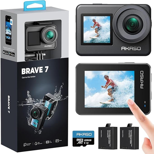AKASO Brave 7 Action Camera 4K30FPS 20MP with 128GB U3 MicroSDXC Memory Card, Waterproof Camera with Touch Screen IPX8 33FT EIS 2.0 Zoom Support External Mic Voice Control with 2X 1350mAh Batteries