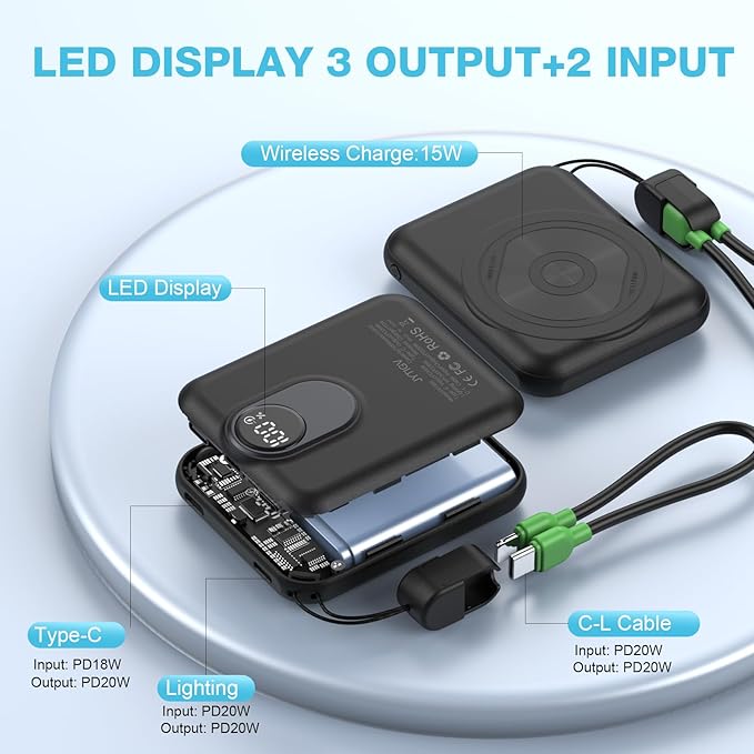 Small Magnetic Power Bank,5000mAh Mag-safe Battery Pack with 20W Fast Charging Detachable USB C&iOS cable,with LED Display,Slim Wireless Portable Charger for iPhone16/15/14/13/12 Series (Black)