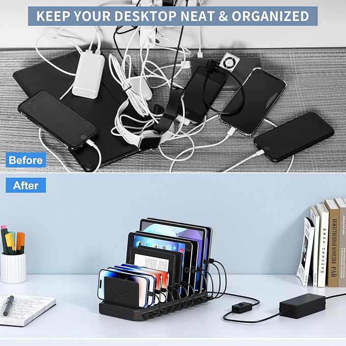 USB Charging Station for Multiple Devices, 10 Port 60W Multiple USB Charger Station with Adjustable Dividers, Fast Charging Station Hub for Hotels, Shops, Schools, Shopping Malls and Travel