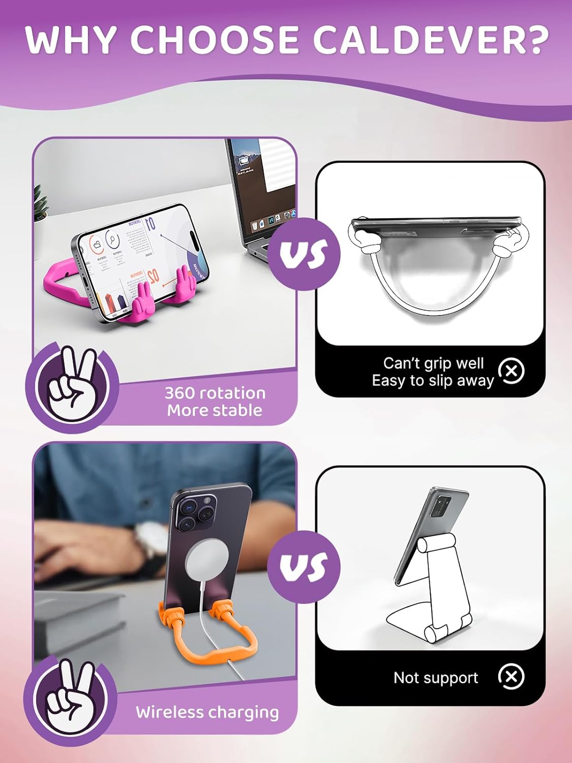 Stocking Stuffers for Teens Girls Boys Kids Cell Phone Stand: 2 Pack Upgrade Adjustable Peace Sign Thumbs Lazy Phone Holder for Desk Gadget Birthday Gifts for Women Men Adults (Hot Pink&Orange Yellow)