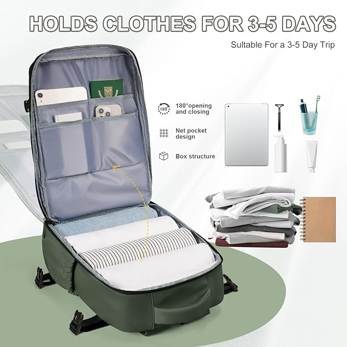 VECAVE Carry On Backpack for Women, Airline Approved Large Travel Backpack Flight Approved, Waterproof 14 Inch Laptop Backpack Business Work Backpacks Bag Men Mochila De Viaje Green.