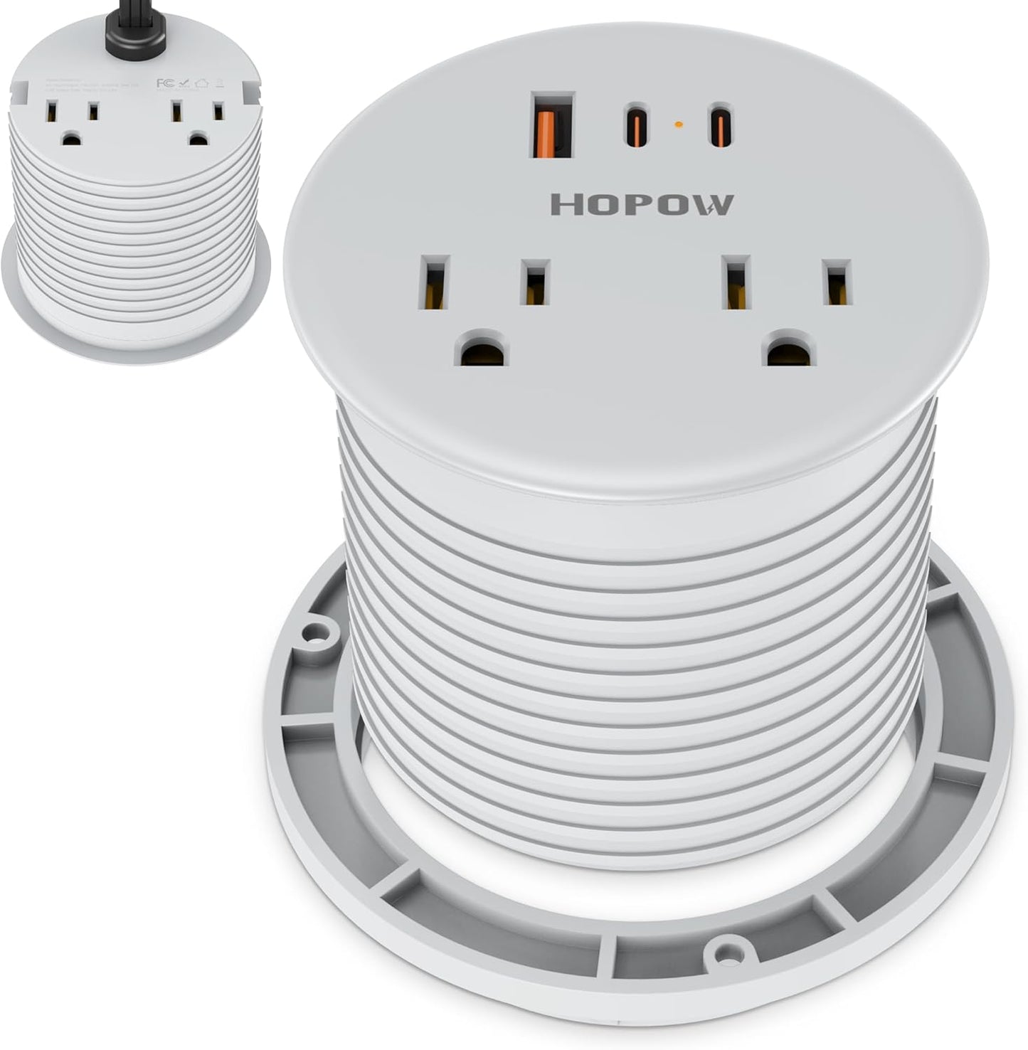 Recessed Desk Power Grommet with 4 AC Outlets 3 USB Ports (2USB C), Dual-Sided Flush Mount Outlet Charging Station for Desktop, Conference Room, Furniture Table, 6.5 FT Cord, Grey