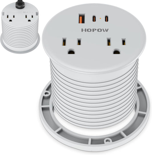 Recessed Desk Power Grommet with 4 AC Outlets 3 USB Ports (2USB C), Dual-Sided Flush Mount Outlet Charging Station for Desktop, Conference Room, Furniture Table, 6.5 FT Cord, Grey