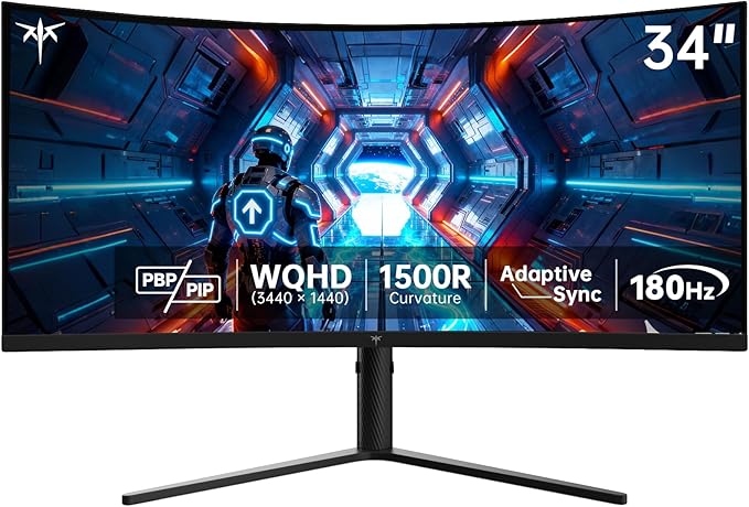KTC 34 Inch UWQHD Curved Gaming Monitor, 3440x1440 Ultrawide PC Monitor 1500R, 180Hz 21:9 Display, Adaptive Sync, 1ms MPRT, 4000:1 Contrast, Tilt/Swivel/Pivot/Height Adjustment, HDMI2.0 & DP1.4,H34S5