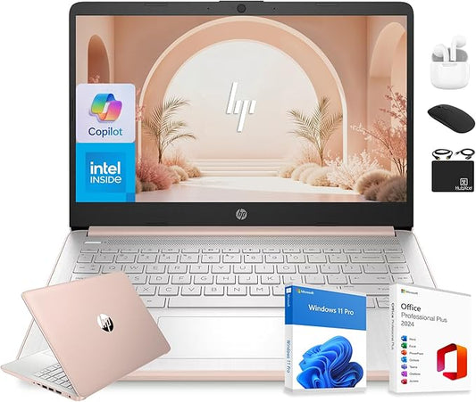 HP 14” Flagship Laptop 2025 AI-Powered Computer, Office Lifetime, Student Business, 4-Core Intel CPU, 16GB RAM 628GB Storage (128GB UFS+ 500GB Ext), Long Battery HubxcelAccessory Win 11 Pro Rose Gold