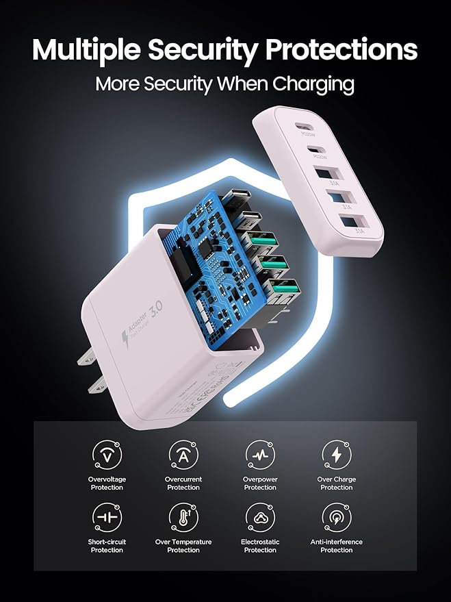 USB C Charger Block, [2-Pack] Type C Charger Fast Charging,50W 5-Port USB Wall Charger Multiport Type C Charging Block Cube for iPhone 17/16/15/14/13/12/11 Pro Max XS,iPad,Samsung&More-Pink