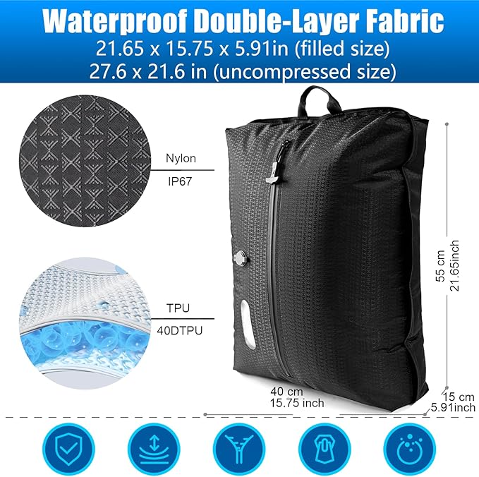 Vacuum Travel Bags with Pump Wireless, Reusable Compression Bags for Travel, Double Layer Travel Vacuum Bags for Luggage with IP67 Waterproof, Vacuum Seal bags for Clothing travel, 45L 1PC NO Pump
