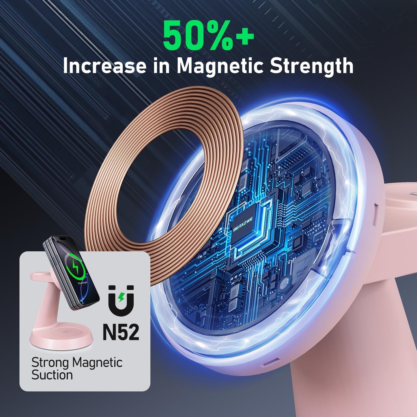 3 in 1 Wireless Charging Station for Apple Mag-Safe 15W Fast Charger Stand for Multiple Apple Devices Magnetic Charger for iPhone 16/15/14/13/12 Series, AirPods, iWatch Series(Pink)