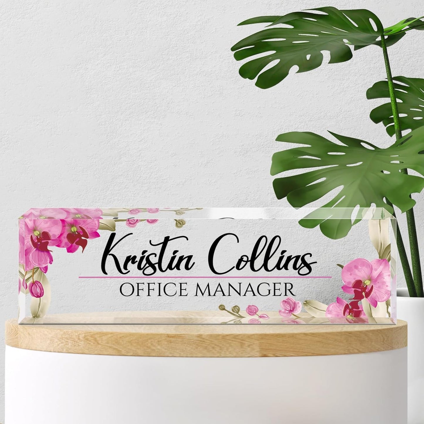 Custom Name Plate for Desk, Acrylic Office Decor For Women Men, Personalized Office Desk Accessories, Teacher Employee Appreciation Gifts For Social Worker Boss Coworkers (Flowers-2)