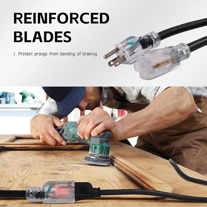 EP 50Ft Outdoor Extension Cord, 12/3 SJTW Heavy Duty Waterproof Power Cable, 3 Prong Grounded Plug, Lighted End, for Lawn, Garden, Appliances, Black