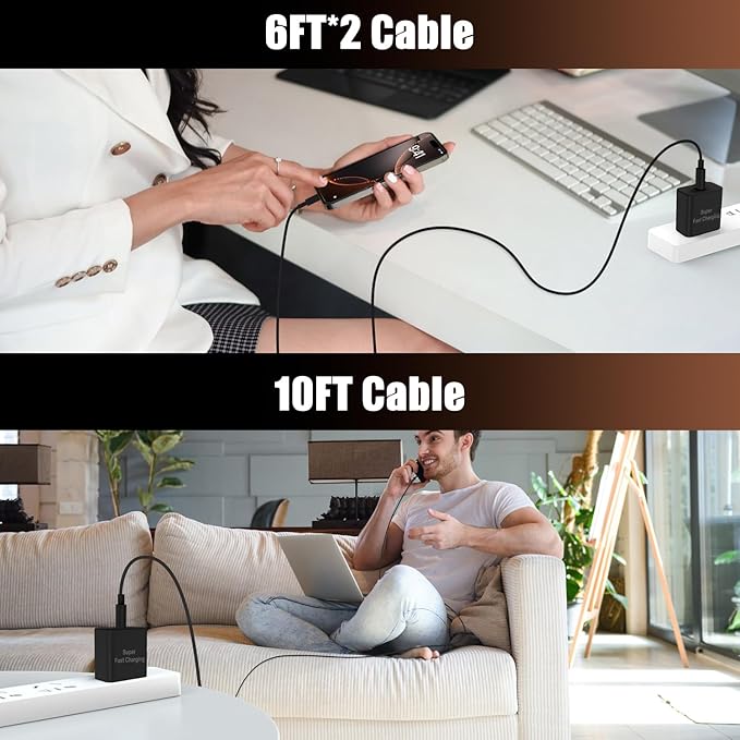 iPhone 17 16 Pro Max Charger Fast Charging, 45W Super Fast USB C Chargers for iPhone 16 (6FT+6FT+10FT) Type C Chargers Cord with Fast Charger Block for iPhone 17/16/15 series/iPad/ GalaxyS24 Black