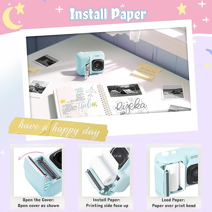 Kids Camera, 1080P Instant Digital Print Camera for Kids, Christmas Birthday Gifts for 4 5 6 7 8 9 10 Year Old Girls Boys, Portable Toy with 32GB SD Card & 3 Rolls Printing Paper, 1 Count, Blue