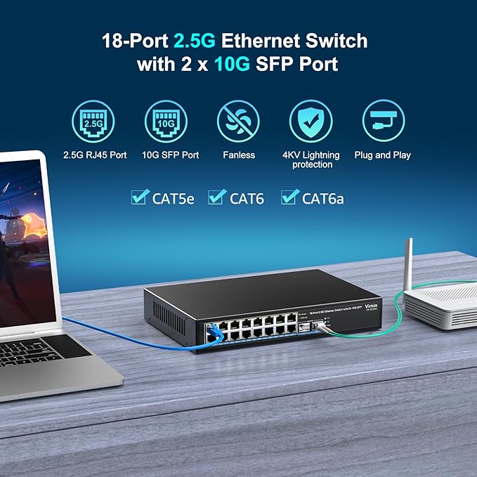 18 Port 2.5G Switch Unmanaged, 16 Ports 2.5Gbase-T Ethernet Switch+2X 10G SFP, 120Gbps Switching Capacity 2.5G Switch 16 Port , Fanless, for 2.5Gbps NAS, Wireless AP & PC, WiFi6 Router, Plug and Play