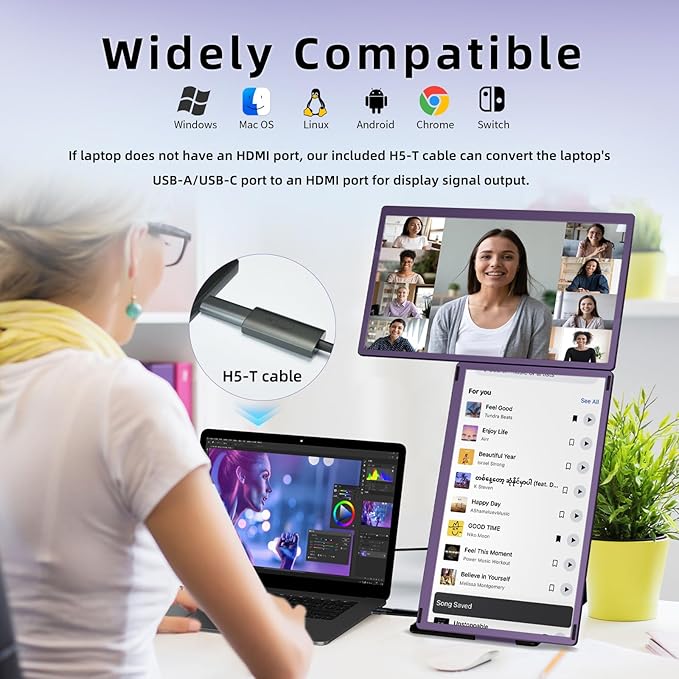 Laptop Screen Extender Triple Monitor - 15.6" Detachable Portable Monitor FHD 1080P IPS 120% sRGB 235° Rotation Travel Extra Screen Compatible with Wins Mac Chrome Dex Fits 13-17" Laptop