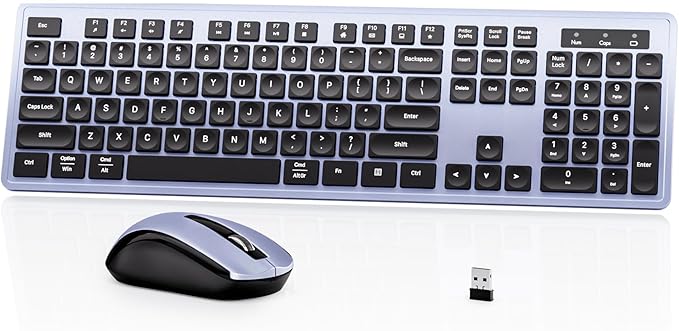 Wireless Keyboard Mouse Combo - 2.4Ghz Office Quiet Keyboard and Mouse Wireless - 104 Keys Full Size Ergonomic Keyboard for Laptop, Computer, PC, Notebook (Full Size Blue Purple Black)