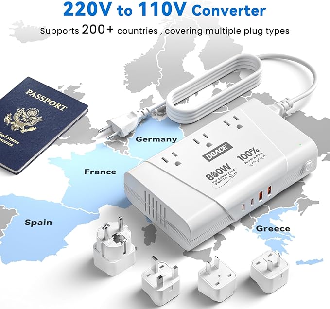 DOACE 800W Universal Travel Adapter: 220V to 110V Pure Sine Wave, EU Step-Down Transformer for 200+ Countries, 3 Outlets & 4 USB, Compatible with Phones, Hair Straighteners, Cameras, Laptop
