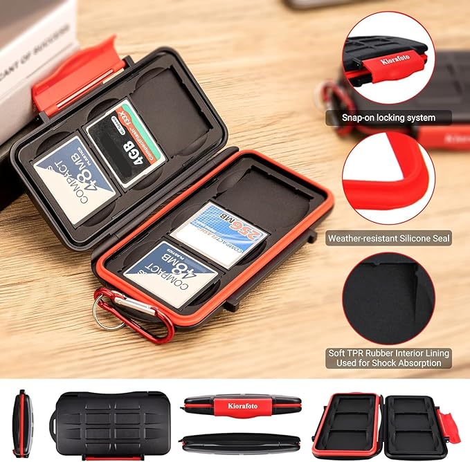 Kiorafoto 6 CF Card Slots Professional Water-Resistant Anti-Shock Compact Flash Card Holder Case Storage Compact Flash Memory Card Protector Wallet with Carabiner