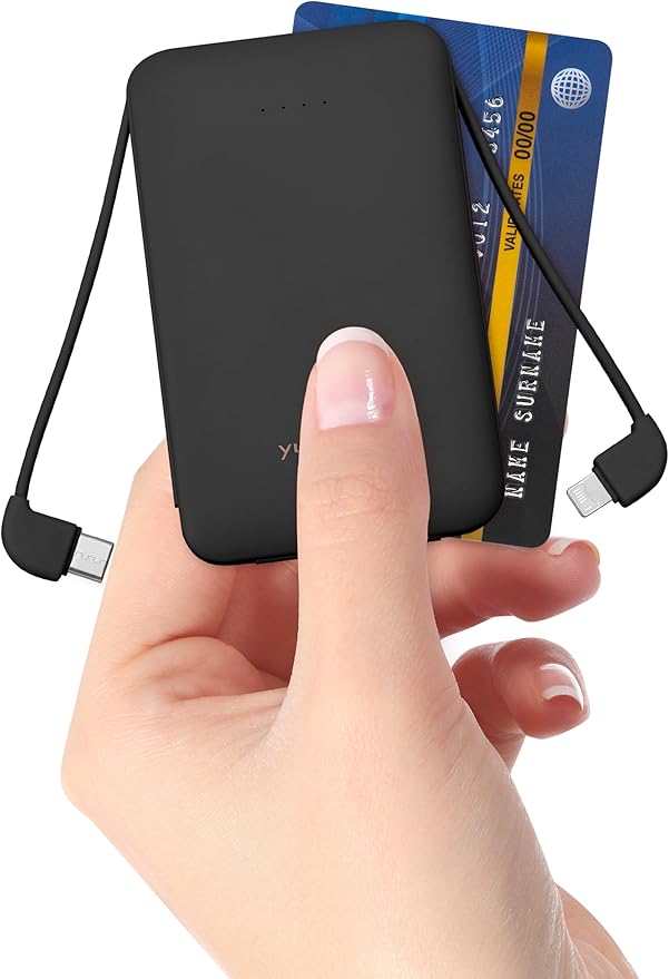 Power Bank, Slimmest 5000mAh Portable Charger with Built in USB-C Cables, USB C in&Out Charging Battery Pack, External Phone Powerbank Compatible with iPhone, Android, Black