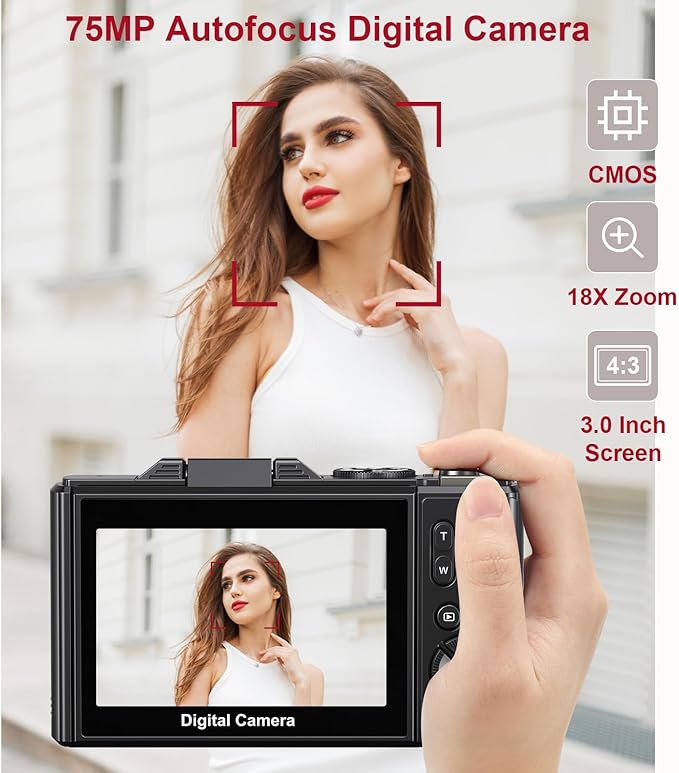 Digital Cameras for Photography - 5K 75MP Vlogging Camera for YouTube WiFi - UHD Autofocus Vlog Camera 3" 180° Flip Screen with 18X Zoom - Travel YouTube with 32GB SD Card, 2 Batteries