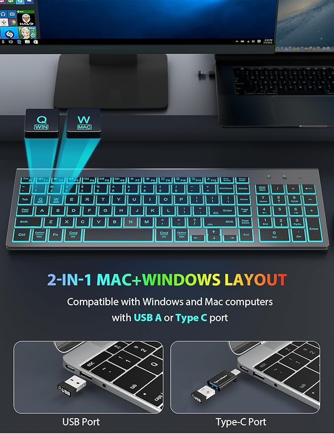 SABLUTE Wireless Keyboard and Mouse Combo Backlit - Compact Quiet Keyboard with RGB Mouse, Rechargeable, Slim, Sleep Mode, Portable Cordless Keyboard Mouse Set for Mac, Windows, Laptop (Space Gray)