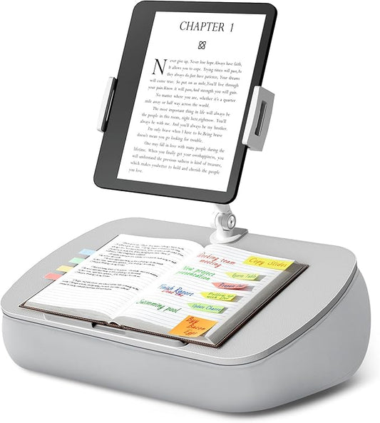 Lap Beanbag Cozy Kindle Pillow Stand for Bed with Adjustable Arm, 360° Tablet Holder, Fits 4.7"-13" Kindle, iPad, Phone, Laptop, Lap Desk for Hands Free Reading in Bed, Couch, Sofa(Light gary)