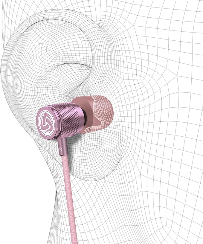 LUDOS Ultra Wired Earbuds in-Ear Headphones, 5 Years Warranty, Earphones with Microphone, Noise Isolating Ear Buds, Memory Foam for iPhone, Samsung, School Students, Kids, Women, Small Ears - Pink