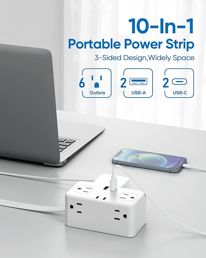 Travel Power Strip with USB Ports (3.0A), Ultra Flat Plug Power Strip, 6 AC Outlets, 4 USB Ports (2 USB C), 3ft Wrapped Around Extension Cord for Cruise Ship Travel Essentials