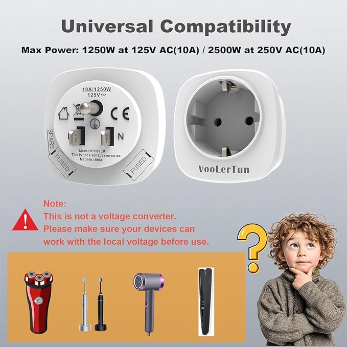 Europe to US Plug Adapter 6 Packs, European to American Travel Plug Adapter (Type C/E/F), USA to EU Outlet Adapters for Most of Europe Spain German France