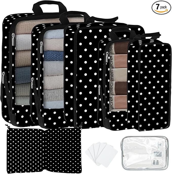 7 Pcs Compression Packing Cubes for Travel, Waterproof Suitcase Luggage Backpack Organizer with Toiletry Bag Travel Essentials for Women/Men-Polka Dots