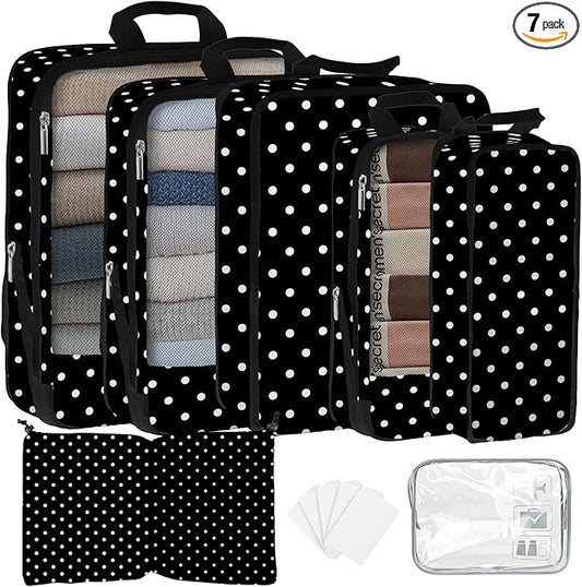 7 Pcs Compression Packing Cubes for Travel, Waterproof Suitcase Luggage Backpack Organizer with Toiletry Bag Travel Essentials for Women/Men-Polka Dots