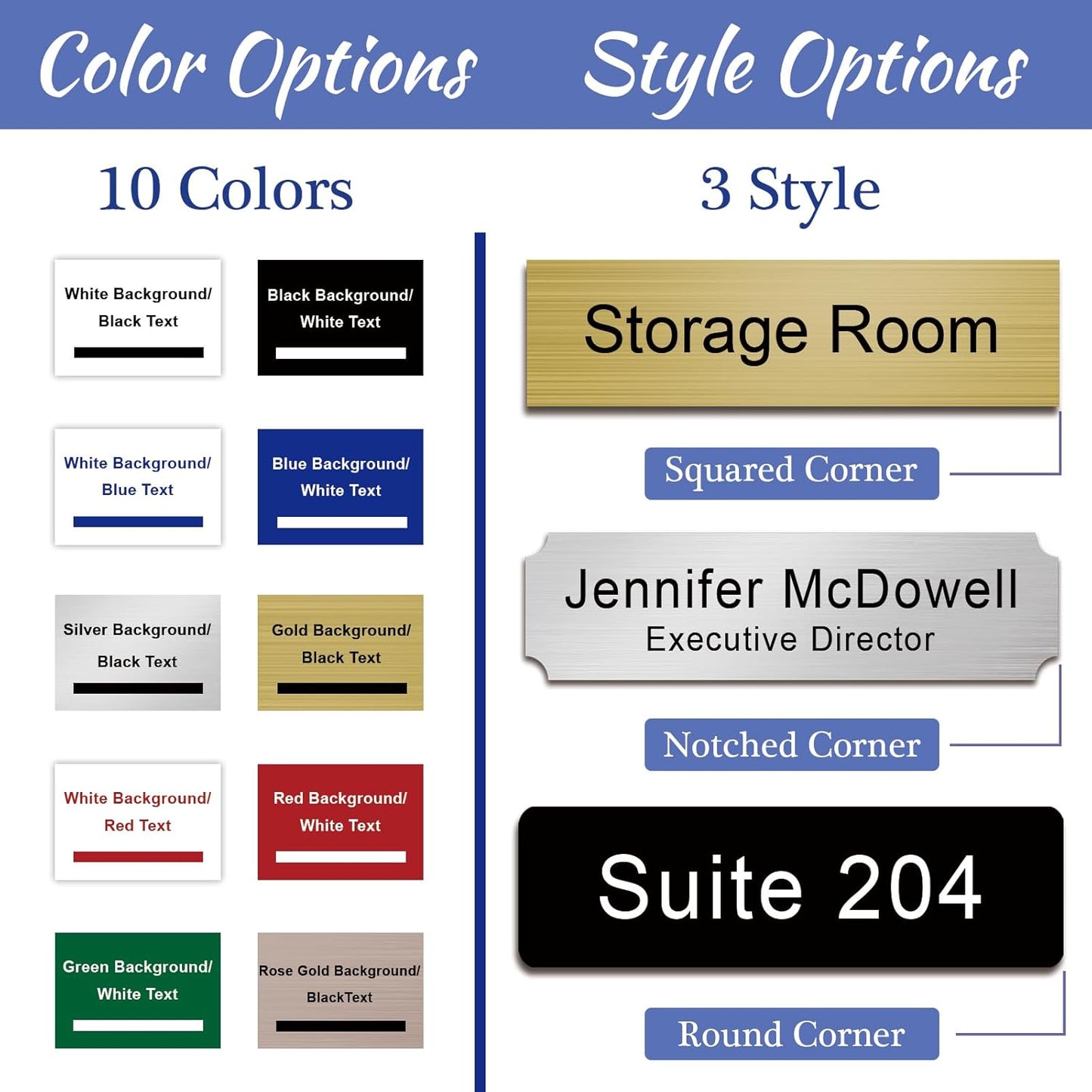 Custom Office Engraved Name Plate for Door or Wall Sign, Personalized Door Name Plate for Office with Adhesive, Laser Engraving, 10 Colors Available, 3 Styles (2" x 8")