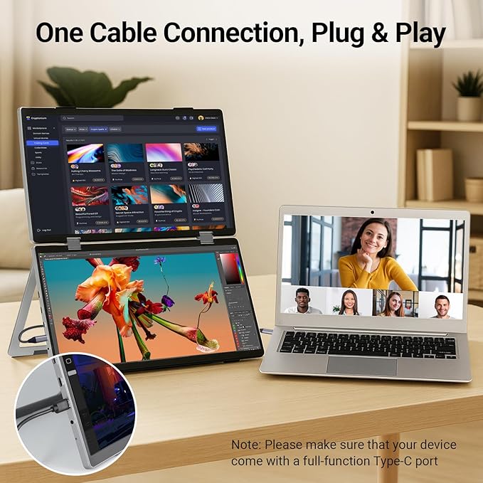 ELECROW Laptop Screen Extender 15.6" 1080P Dual Portable Monitor, USB C HD 360° Rotation Foldable Travel Extended Computer Display with Stand for Laptop PC Windows Mac, VESA Mountable (Plug & Play)