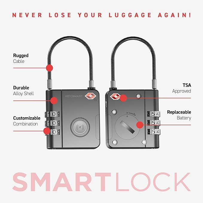 KeySmart SmartLock Tracking Luggage Locks, TSA Locks for Luggage, GPS Tracker, Combination Lock Compatible with Apple Find My App, Best Travel Essentials, Replaceable Non-Rechargeable Battery (5 Pack)