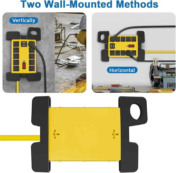 CCCEI Heavy Duty Power Strip with USB Ports, Garage 15 Outlets Surge Protector 2700 Joules, Industrial Workshop Metal 15Amp Multiple Outlets, 10 FT Extension Cord and Wide Spaced Yellow.