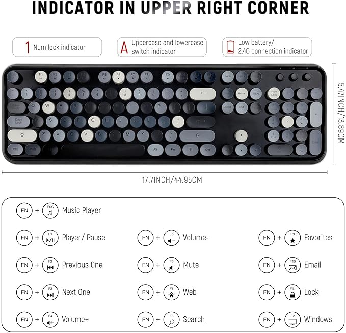LETTON Wireless Keyboard Mouse Combo, 2.4GHz Typewriter Keyboard Wireless, Colorful Full Size Office Computer Retro Keyboard and Cute Mouse with 3 DPI for Mac PC Desktop Laptop-Black Grey