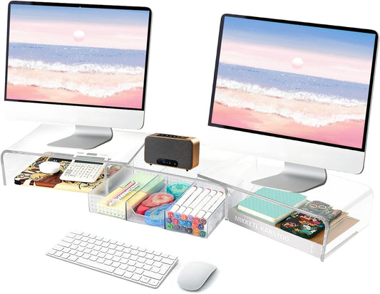 Clear Acrylic Desk Organizers and Accessories, Dual Computer Monitor Stand Riser with Drawer, Desk Shelf for Monitor, Workspace Desktop Organization for Office Supplies