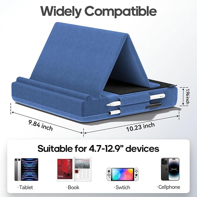 KDD Tablet Pillow Stand, Multi-Angle Viewing Ipad Holder for Lap, Bed and Desk, Foldable Soft Pad Dock with Stylus Mount Compatible with Ipad Pro 12.9, 10.5, 11, Air, Mini, Phones, Books, E-Reader