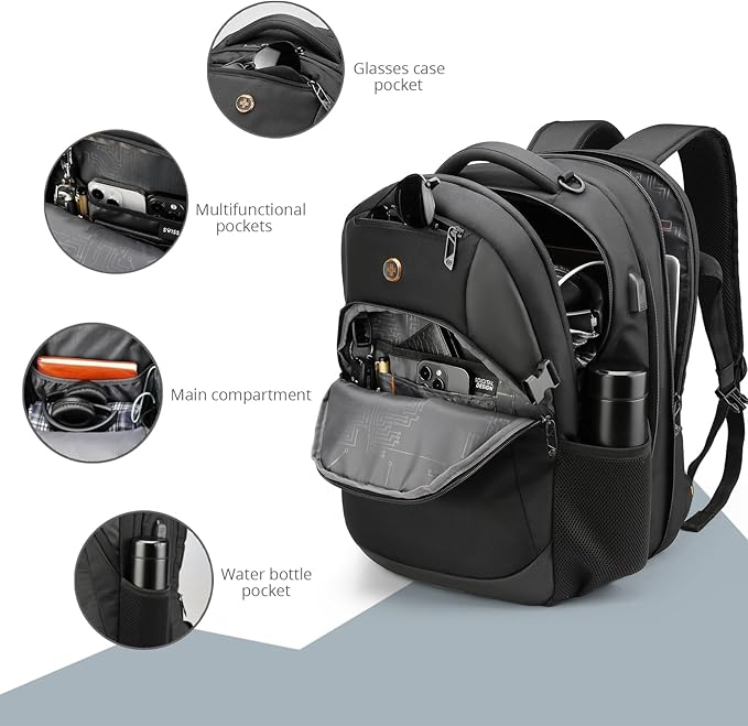 Swissdigital Design Travel Laptop Backpack, 35L Expandable Large College Laptops Backpack with USB Charging Port for Men and Women Fits 17 Inch Notebook, Black | ANDWIL PRO